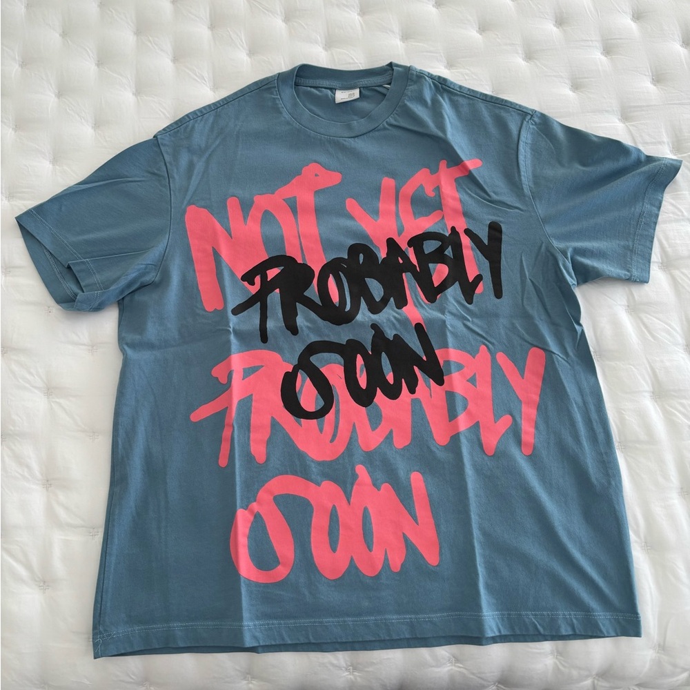 Bershka Blue Tee with Pink and Black Graphic